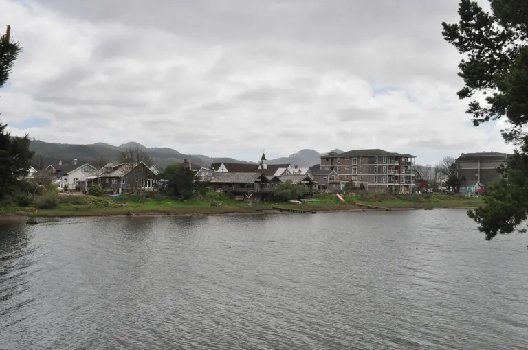 The Necanicum River and low-lying neighborhoods in Seaside, Oregon