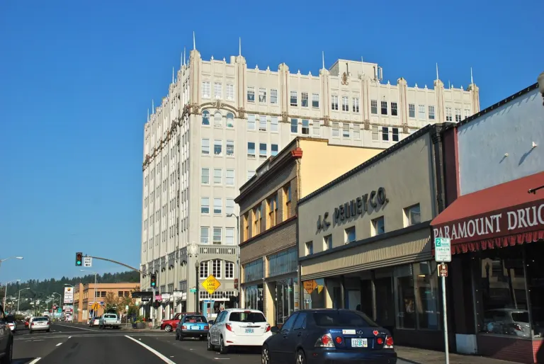 Commercial Street in downtown Astoria with the former Hotel Astoria