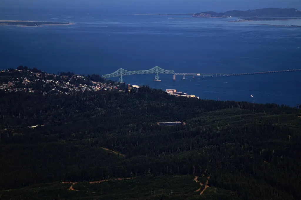 The Astoria Column and the Astoria-Megler Bridge over the Columbia River