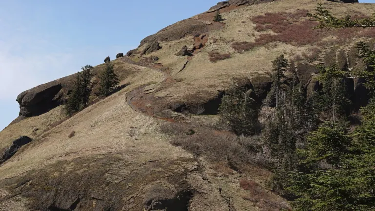 Saddle Mountain's rocky summit and trail in Saddle Mountain State Natural Area in the Oregon Coast Range